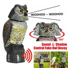 Realistic 360° Rotating Head Owl Decoy Bird Sound Pigeon Crow Scarer Statue