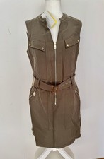 Karen Millen Khaki Green Safari Military Zip Front Utility Shirt Dress 12 M