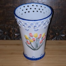 Delftware Royal Twickel Holland Reticulated Pierced Vase Tulips Hand Painted
