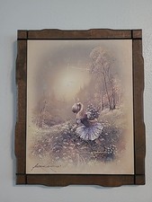 Vintage Andres Orpinas Girl Picking Flowers Print On Wood Wall Decor 11.5" By 9"