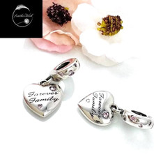 Sterling Silver 925 Charm Family Forever Love Heart Dangle Pendant Wife Mum