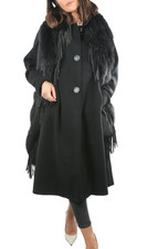 “Vintage Black Wool Button Down Coat w/ Fox Fur Scarf – Size L | Elegant & Warm”