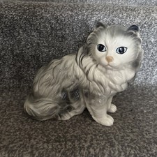 Large Vintage Coopercraft Ceramic Grey Persian Cat / Kitten Ornament 16cm High