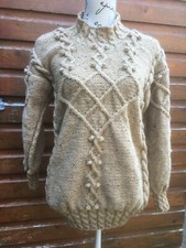 Womens Aran Pullover 42 UK 14 New Sweater Tan Jumper Hand Knit Cable Beige Swift