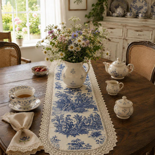 Blue toile linen - blue, table