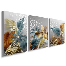 3 Panels Framed Canvas Wall Art Plants Blue Gold White Flower Pictures Printi...