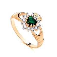 9ct Yellow Gold on Silver simulated EMERALD Irish CLADDAGH Ring size J to U