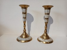 Pair of brass and mother of pearl candlestick holders 14cm high, 5.5 inches