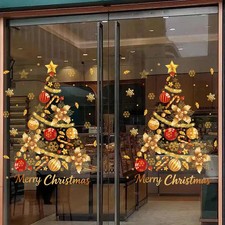 Gold Christmas Xmas Tree Art Decals Snowfake Window Sticker Wall Home Shop Decor