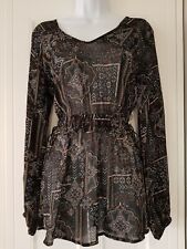 Womens River Island Black Aztec Side Splits Tie sides Boho Chiffon Blouse Top 8.