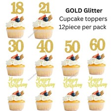 Gold Glitter Cupcake Toppers  18th 30th 40th 50th 60th 70th party decorations