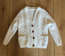 New Childs Aran Cardigan 40 cm Chest 4 Buttons Soft Wool Girls Hand Knit Pockets