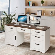 60" Farmhouse Executive Desk with Drawers,Home Office Desk with Charging Station