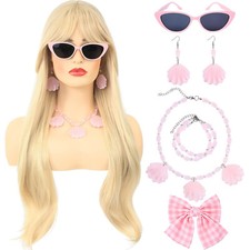 Morvally Long Blonde Wig bangs necklace bracelet earrings sunglasses hair bow
