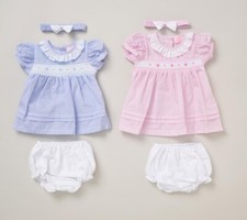 Baby Girls Smocked Flowers Dress Pants & Headband Outfit Pink or Sky Blue 0-24M