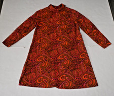 Vintage Dress Size S 60s Orange Psychedelic Paisley A-Line Thin Wool Mod Go Go