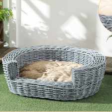 Pawhut Wicker Rattan Dog Cat Bed Elevated Sofa Cushion Washable Pet Basket
