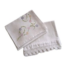 Two Vintage Pillowcases, Embroidered and Handworked Lace Trim