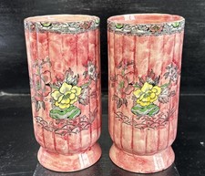 Stunning Antique Pair Of Royal Bradwell Arthur Wood Pink Floral 7.75” Vases