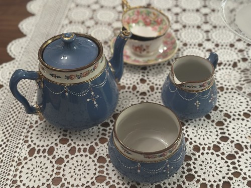 Vintage blue ceramic tea set - ceramic,
