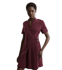 Karen Millen Dress Tailored Crepe Military Pleat Notch Neck Merlot UK 10