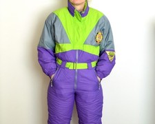 retro vintage SKI SUIT snowsuit women S D 38 onesi onepiece neon colorblock