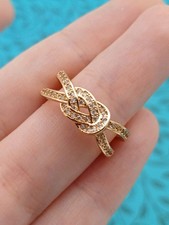 Stunning Modern Elegant Gold Tone & Clear Rhinestone Knot Detailed Ring Size N