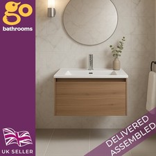 Oak Wall Hung Vanity Unit Bathroom Drawer Cabinet & White Basin Sink 600mm