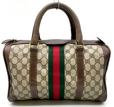 Auth Gucci Sherry Line GG Supreme PVC Leather Brown Boston Bag NS100554