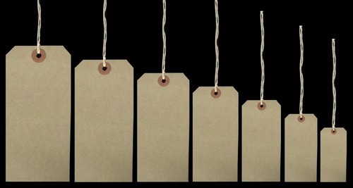 Brown strung tie tags - tie, on