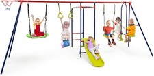 Garden Heavy Duty Play Set 7-in-1 Kids Swing Set with Monkey Bars-Red+Blue