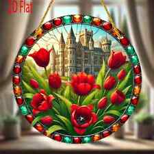 Red Tulips Flowers Castle Suncatcher Stained Glass Effect Hanging Decor Gift