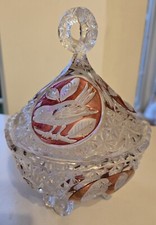 Vintage crystal HOFBAUER Bohemian CRYSTAL CRANBERRY RED BIRD Candy Dish with Lid