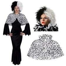 LADIES CRUELLA COSTUME DRESS WIG DALMATIAN CAPE HALLOWEEN FANCY DRESS DEVILLE