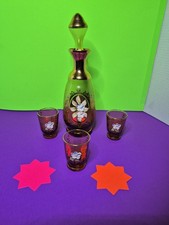 MURANO Amber Glass Decanter & Shot Glass Set: 22K Gold Floral Details! VINTAGE