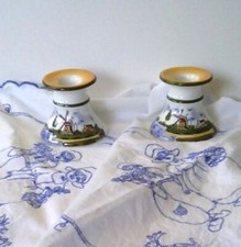 2 ceramic DELFT WINDMILL candlestick holders, Dutch couple embroidered runner
