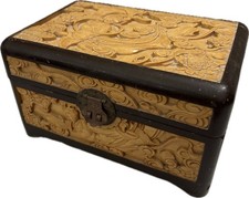 Camphor Hand Carved Hinged Wooden Box 9" Asian Carvings Brass Closure VTG READ!