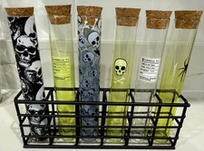 Halloween Skull - Test Tube Shot Glass Set of 6 With Caddy, Cork Toppers - New