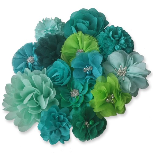 Green teal fabric flowers - green,