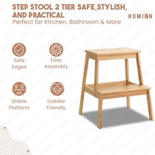 2-Step Stool Bamboo Sturdy Wooden Kitchen Ladders Non-Slip Bar Bench Home Shop