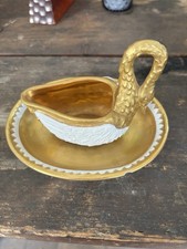 Vintage Tiche Italy Porcelain Swan Dish / Creame –White & 24K Gold Gilded Marked