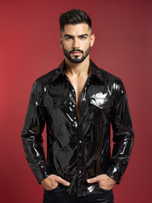 Honour Shiny PVC Fitted Shirt with Chest Patch Pockets & Long Sleeves in Black
