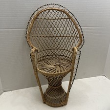 VTG Mini Peacock Wicker Chair 16" Fanback Rattan Doll Plant Stand Victorian Boho