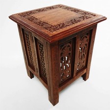 Indian Rosewood End Table 15" –Sheesham Wood Square Hand Carved Floral Furniture