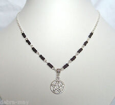 Pentagram Pendant Black Beaded Silver Plated Chain Necklace - Wicca Pagan Goth