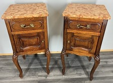 Pair of Bedside Tables Antique French Oak Marble Tops Carved Cabinets LOT 4439
