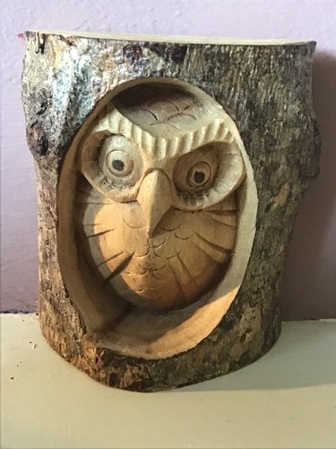 Hand carved wooden owl tree - carved, in