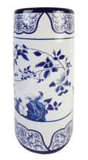 Oriental Chinese Blue White Porcelain Rambling Rose Birds Umbrella Stand Pot