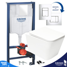 Wall Hung Toilet Pan & GROHE 1.13m Concealed Cistern Frame Square Rimless WC Set