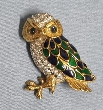 Gold Tone/Plated Blue & Green Enamel & Diamante Crystal Owl Brooch